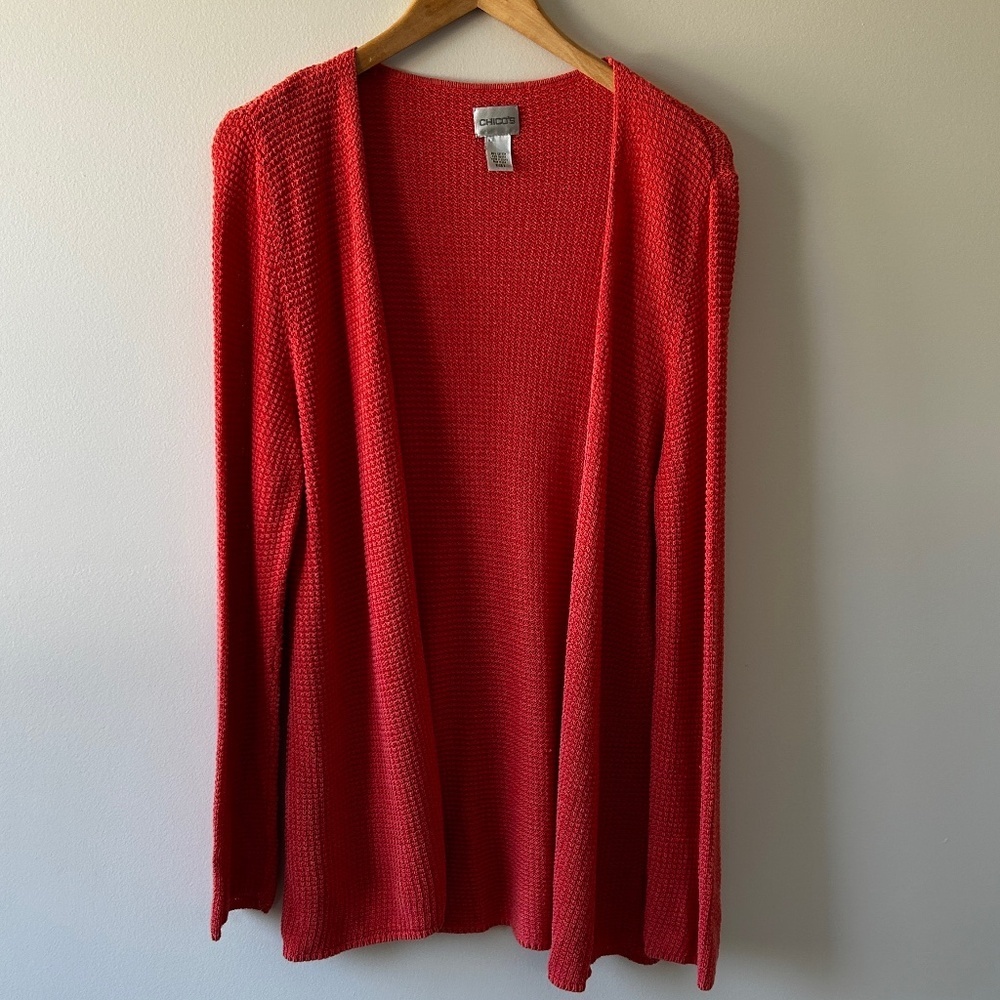 2 For $14 Chico's Size 2 (Large) Coral Duster Cardigan Waffle Knit Spring Summer